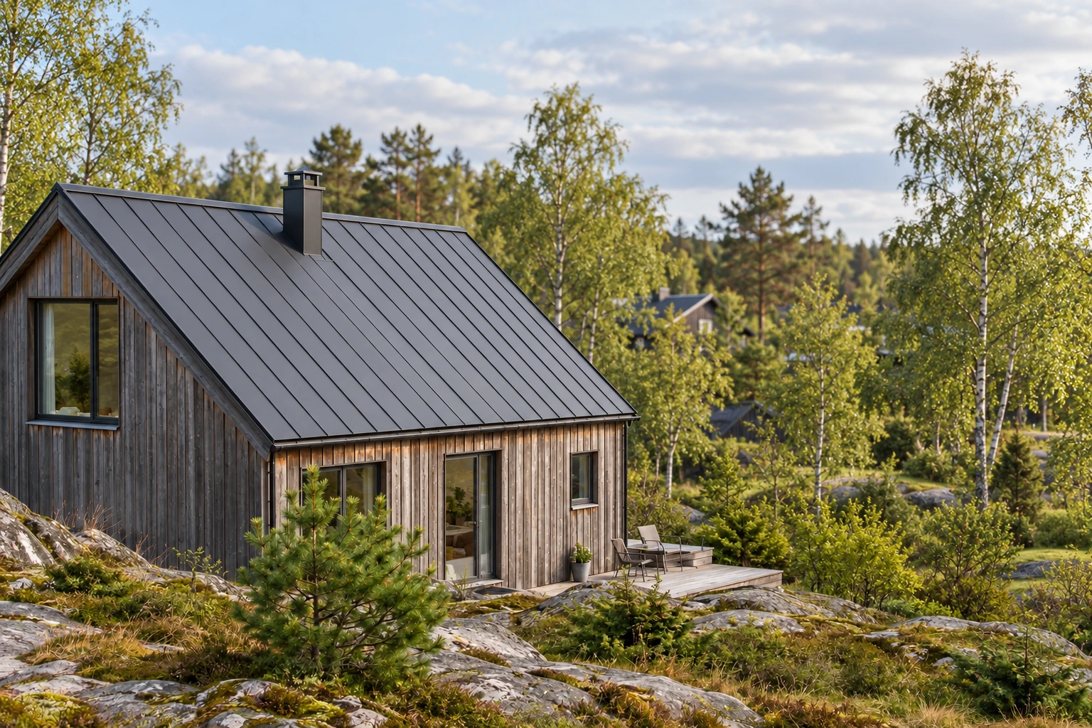 Kysthytte med falset metalltak, pipe og takrenne.